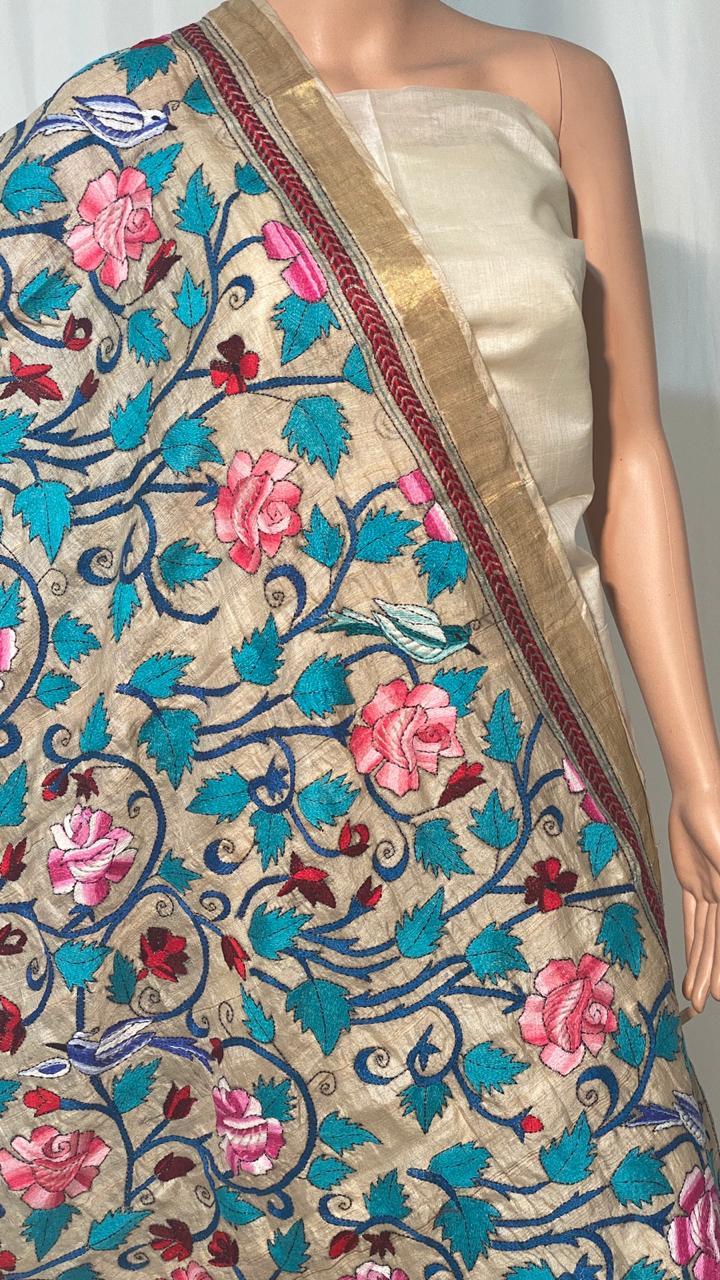 Pure Kantha Embroidered Hand Made Pure Kosa Silk Long Dupatta - 2.5 Mtrs Long, 36" Width | All Season Wear, Intricate Silk Embroidery, Ethnic Indian Craftsmanship