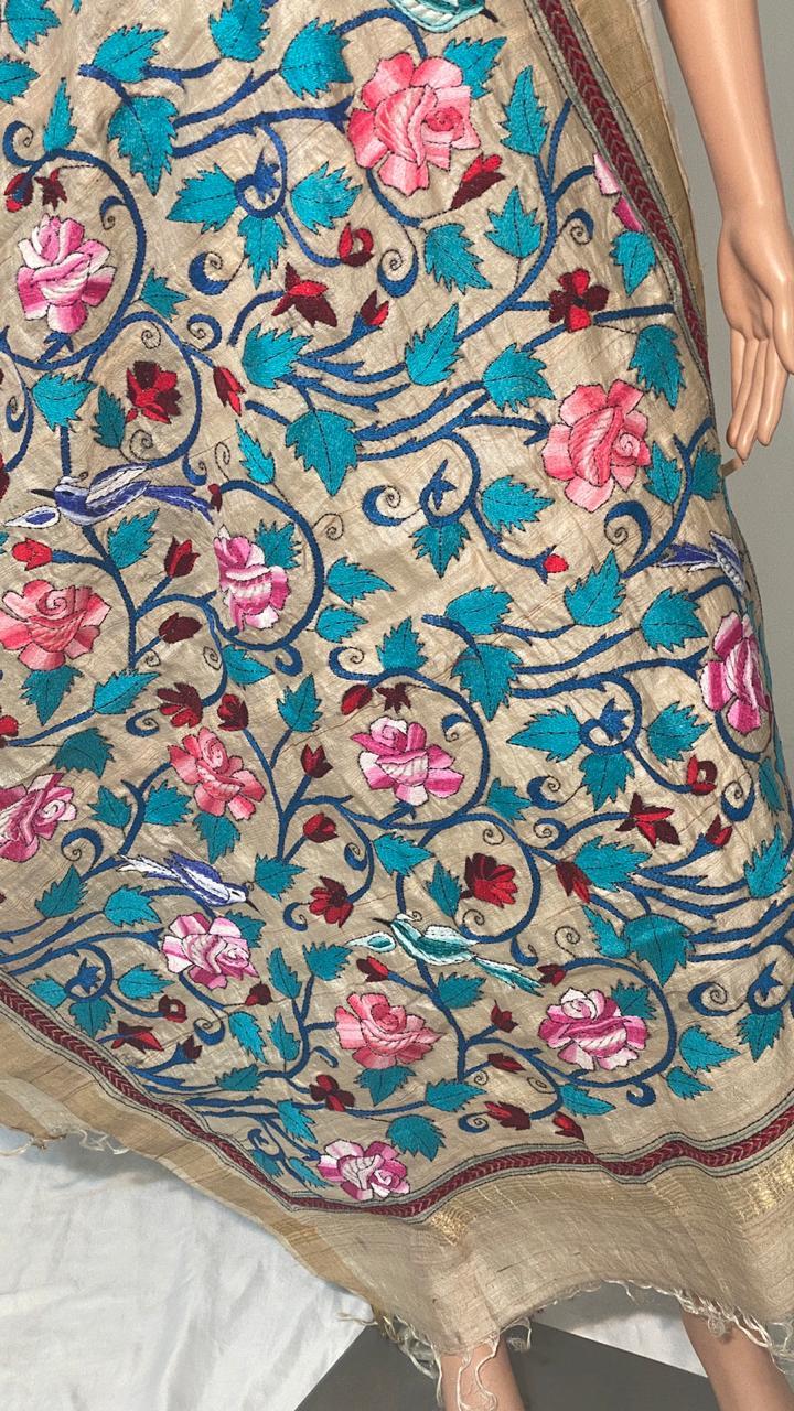 Pure Kantha Embroidered Hand Made Pure Kosa Silk Long Dupatta - 2.5 Mtrs Long, 36" Width | All Season Wear, Intricate Silk Embroidery, Ethnic Indian Craftsmanship
