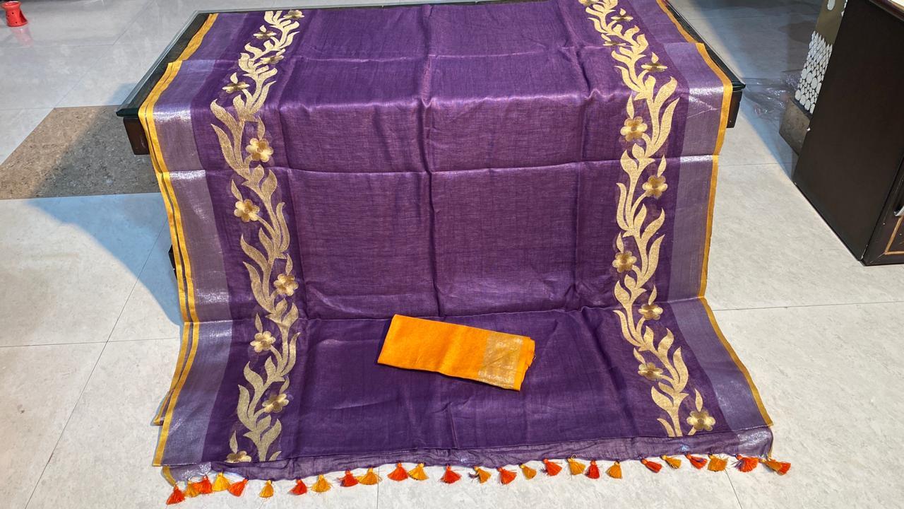 Pure Linen By Linen 120 Count Saree - High Quality Embroidery Work, Contrast Blouse For Party Wear | Perfect For All Seasons, Elegant Silk Fabric