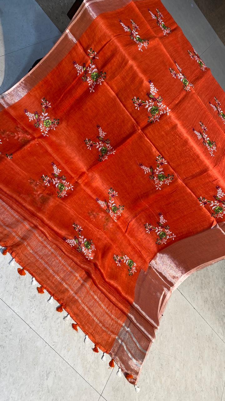 Pure Linen By Linen 120 Count Saree - High Quality Embroidery Work, Contrast Blouse For Party Wear | Perfect For All Seasons, Elegant Silk Fabric