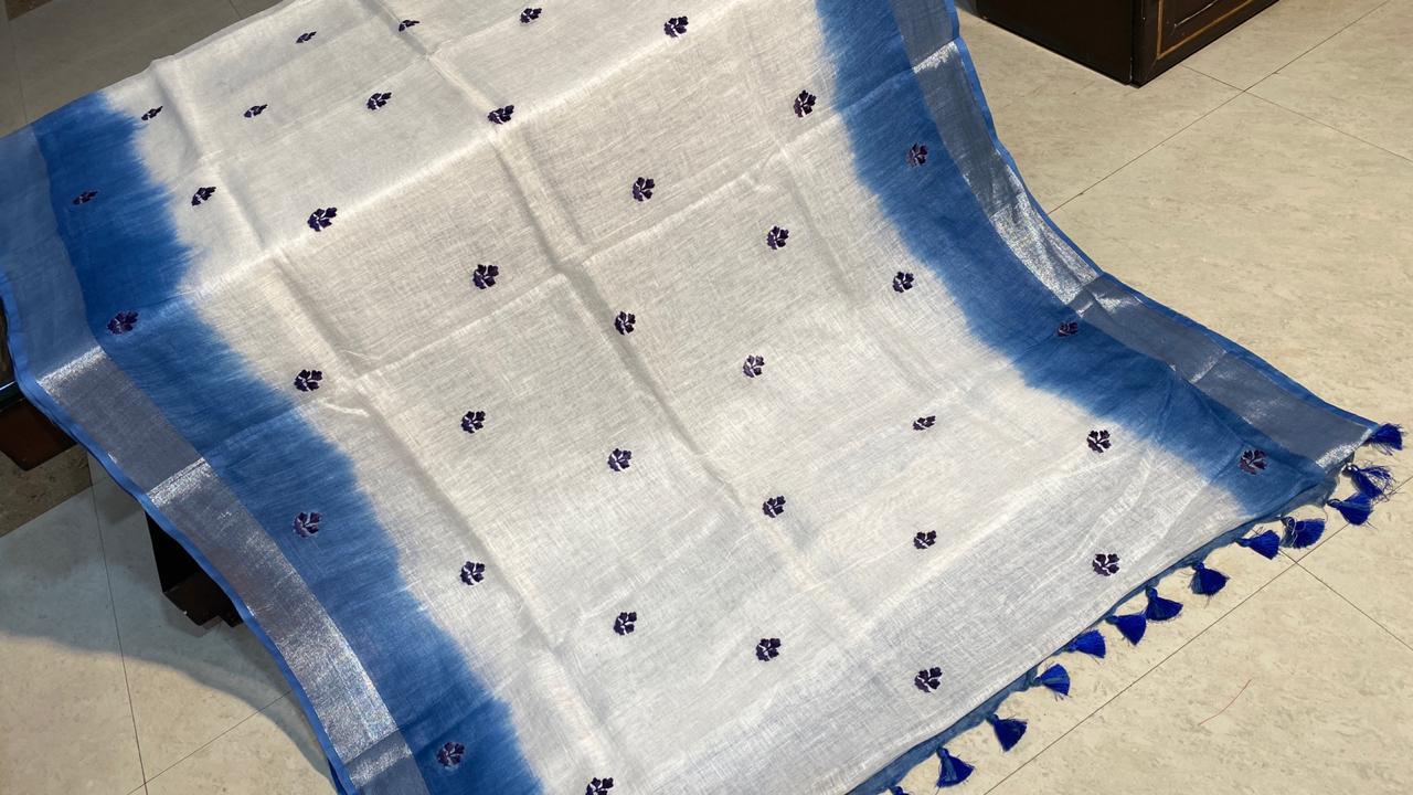 Pure Linen By Linen 120 Count Saree - High Quality Embroidery Work, Contrast Blouse For Party Wear | Perfect For All Seasons, Elegant Silk Fabric