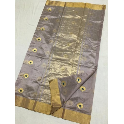 Grey And Golden Ladies Pattu Silk Chanderi Saree