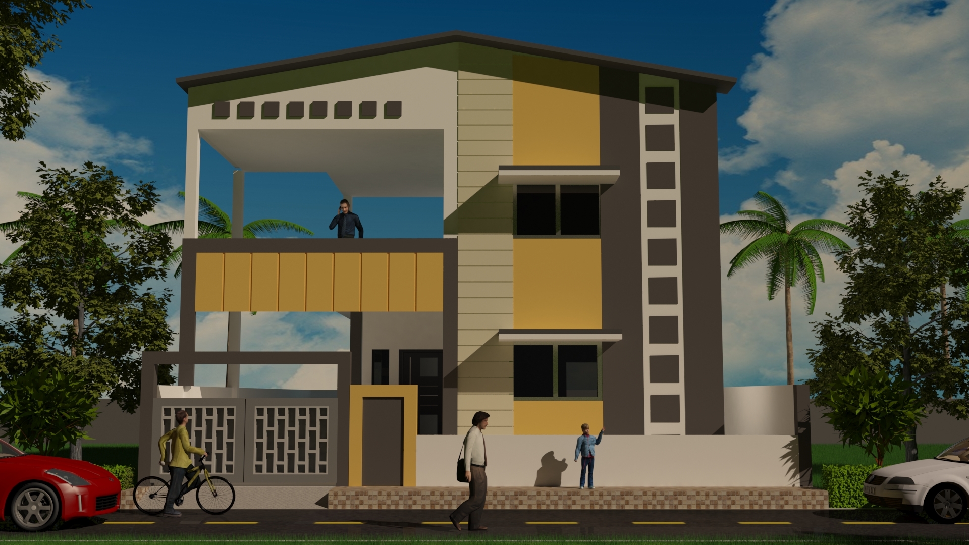 Building Elevation - Concrete, Brick, Steel Structure , 3 Floors With Sloped Roof And Double-glazed Windows