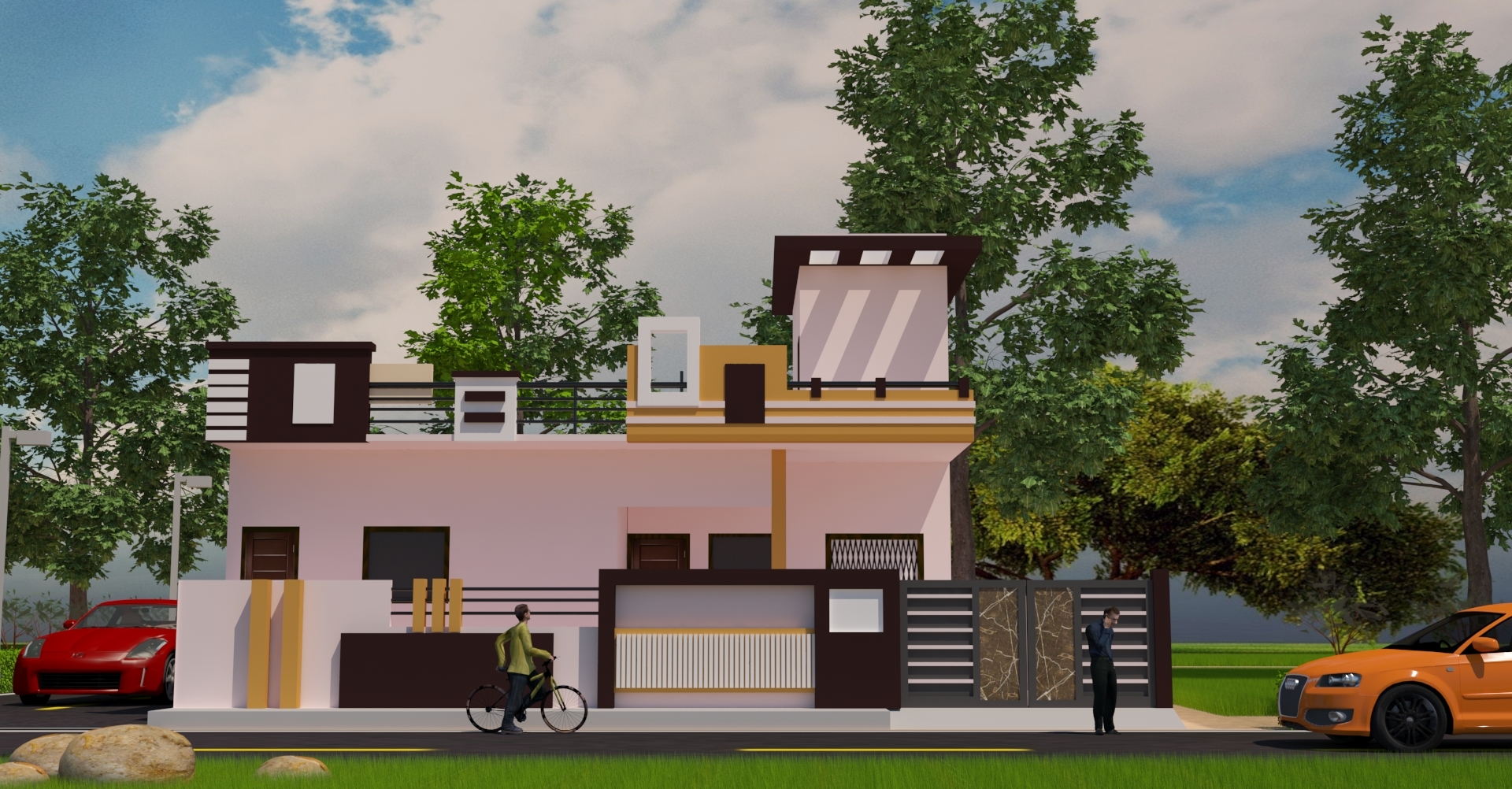 Building Elevation - Concrete, Brick, Steel Structure , 3 Floors With Sloped Roof And Double-glazed Windows