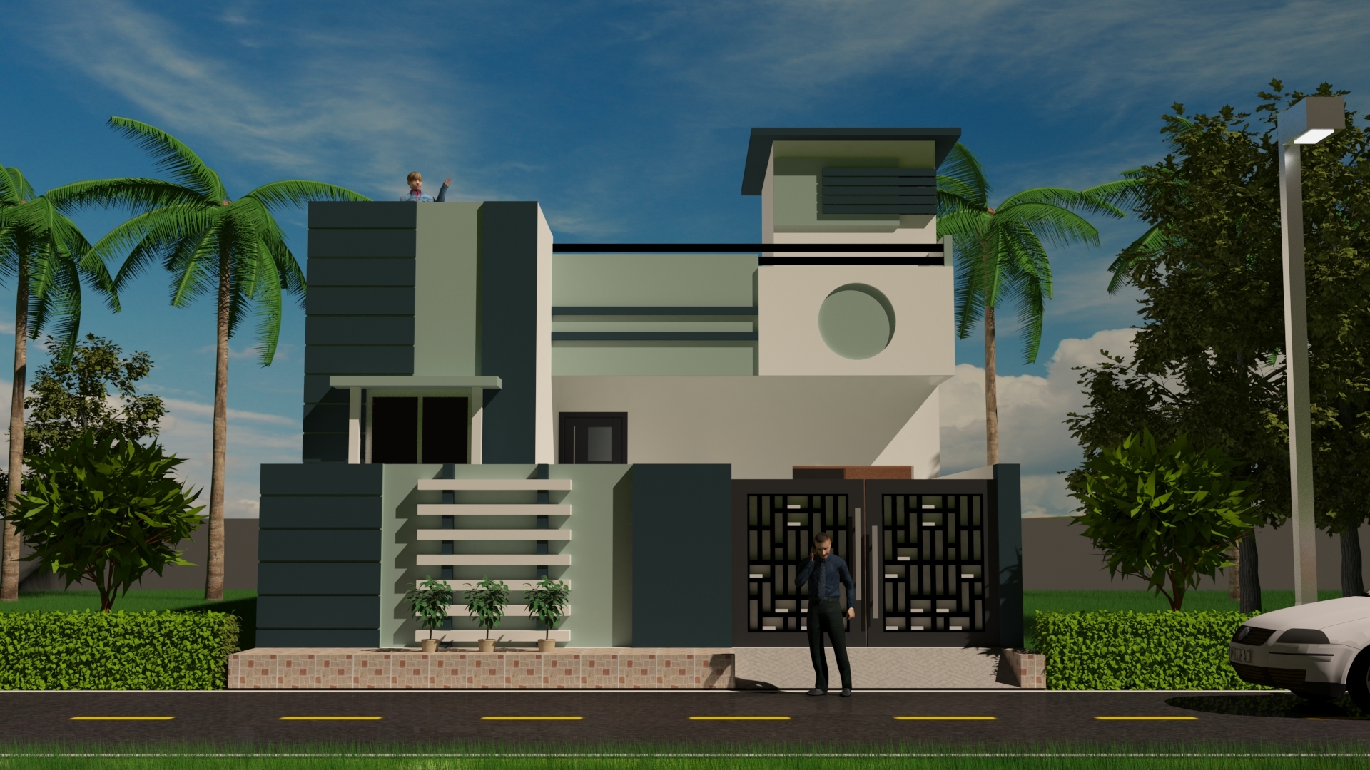 Building Elevation - Concrete, Brick, Steel Structure , 3 Floors With Sloped Roof And Double-glazed Windows