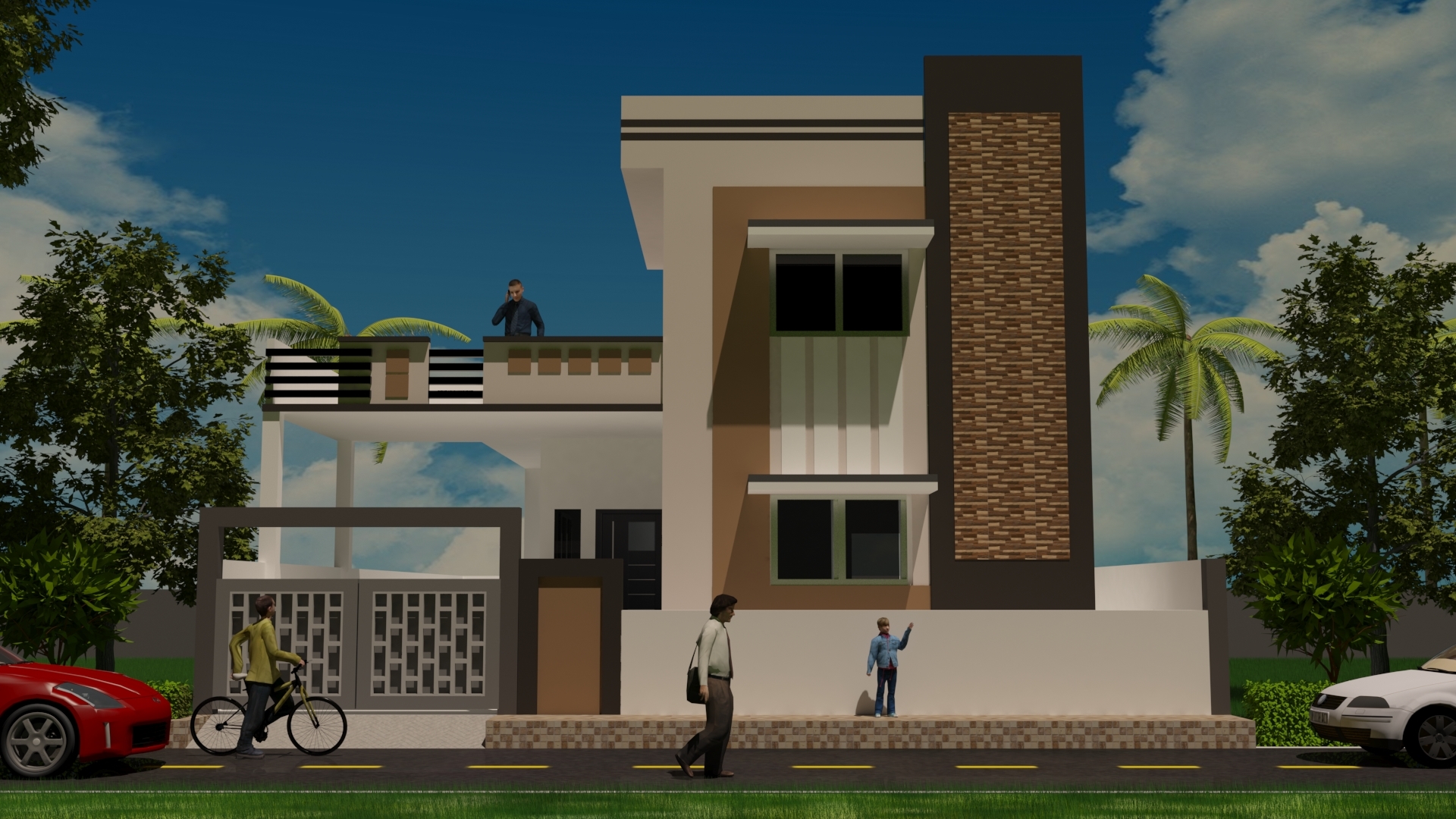 Building Elevation - Concrete, Brick, Steel Structure , 3 Floors With Sloped Roof And Double-glazed Windows