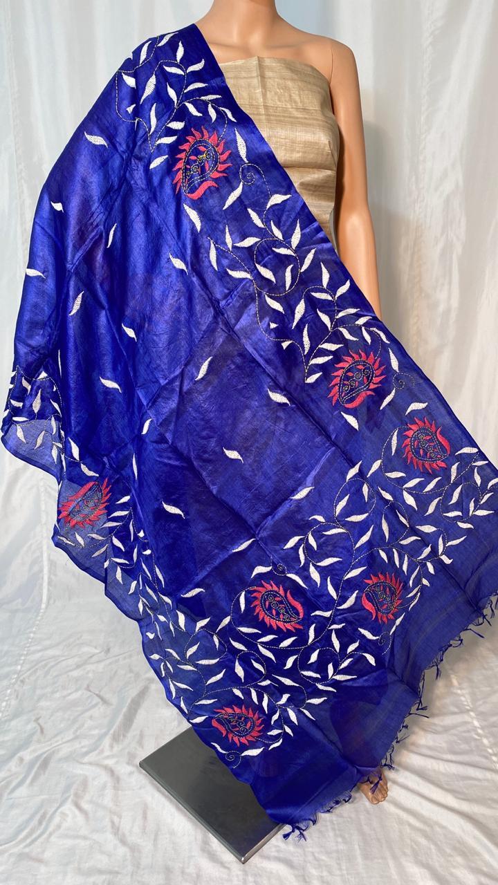 Pure Tussar Silk Kantha Embroidered Long 2.5 Mtrs Dupatta - Width 36" | Ethnic Indian Design, Suitable For All Seasons, Elegant Handcrafted Pattern