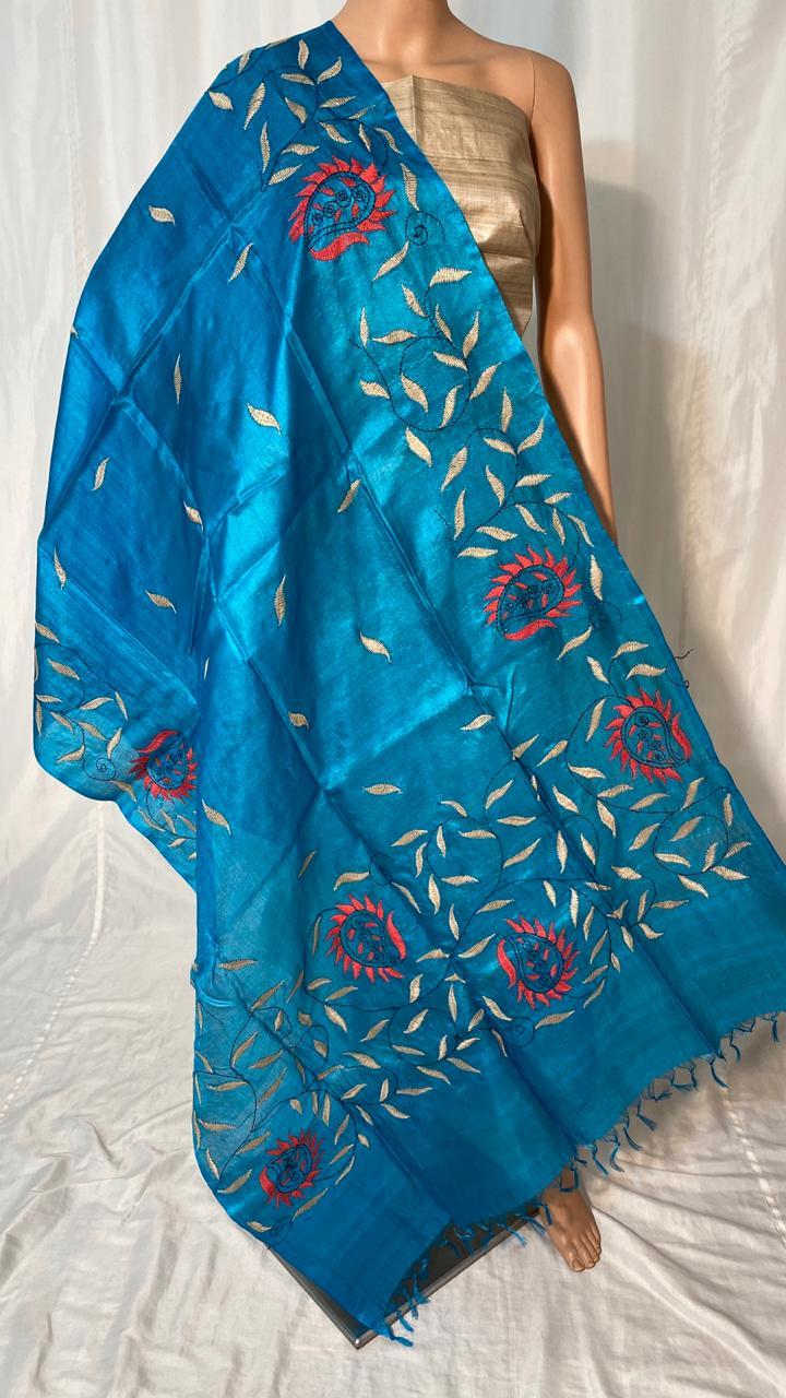 Pure Tussar Silk Kantha Embroidered Long 2.5 Mtrs Dupatta - Width 36" | Ethnic Indian Design, Suitable For All Seasons, Elegant Handcrafted Pattern
