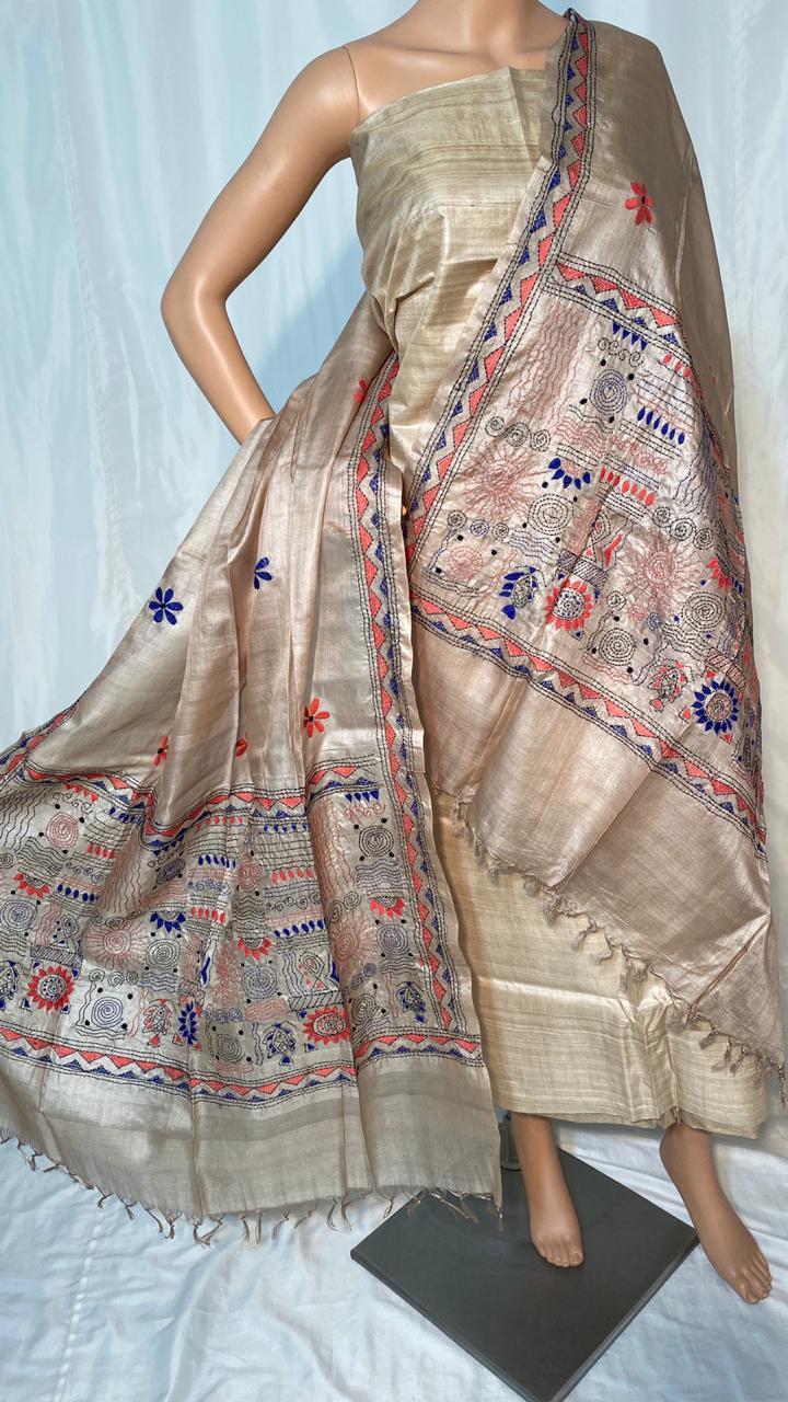 Pure Tussar Silk Kantha Embroidered Long 2.5 Mtrs Dupatta - Width 36" | Ethnic Indian Design, Suitable For All Seasons, Elegant Handcrafted Pattern