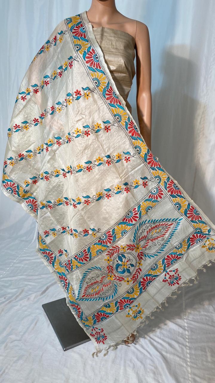 Pure Tussar Silk Kantha Embroidered Long 2.5 Mtrs Dupatta - Width 36" | Ethnic Indian Design, Suitable For All Seasons, Elegant Handcrafted Pattern