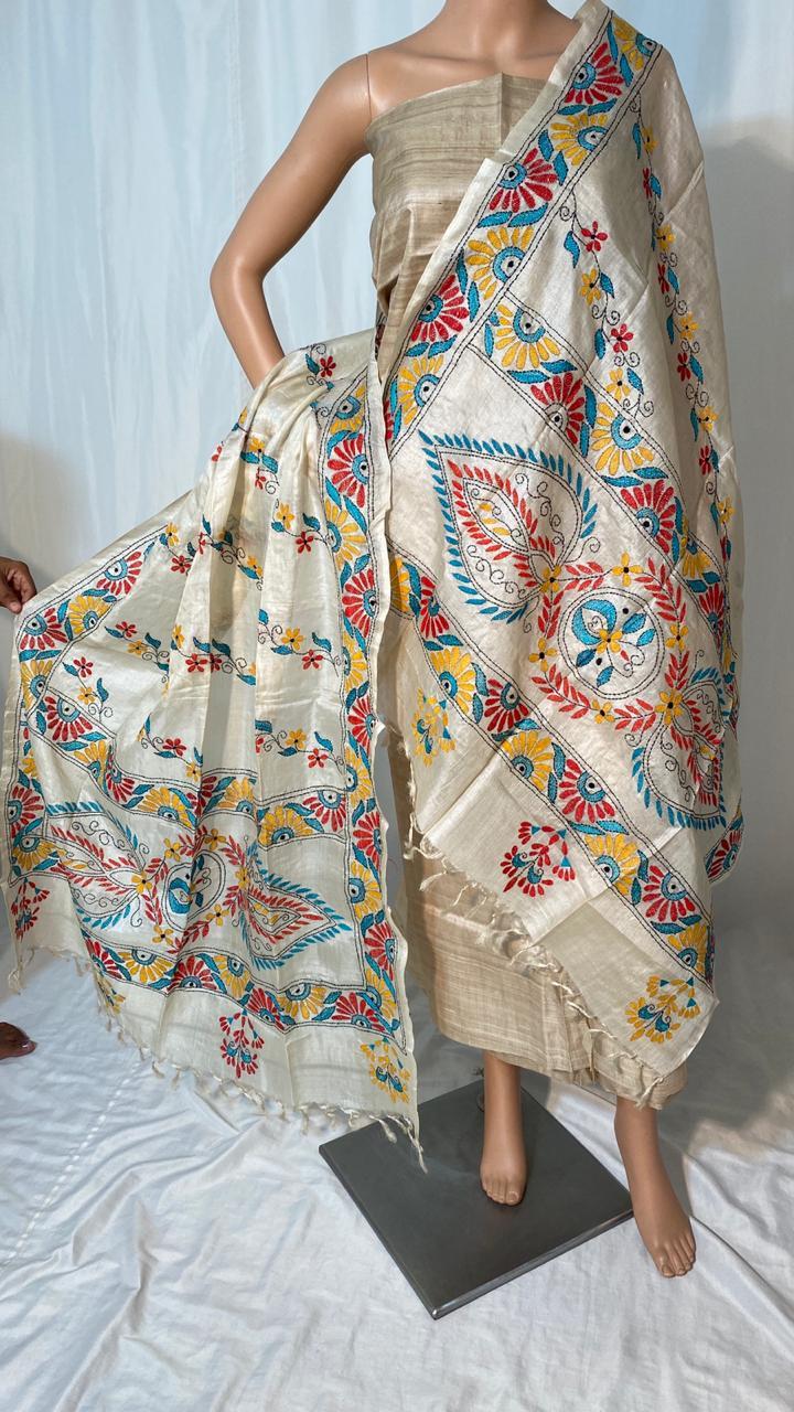 Pure Tussar Silk Kantha Embroidered Long 2.5 Mtrs Dupatta - Width 36" | Ethnic Indian Design, Suitable For All Seasons, Elegant Handcrafted Pattern