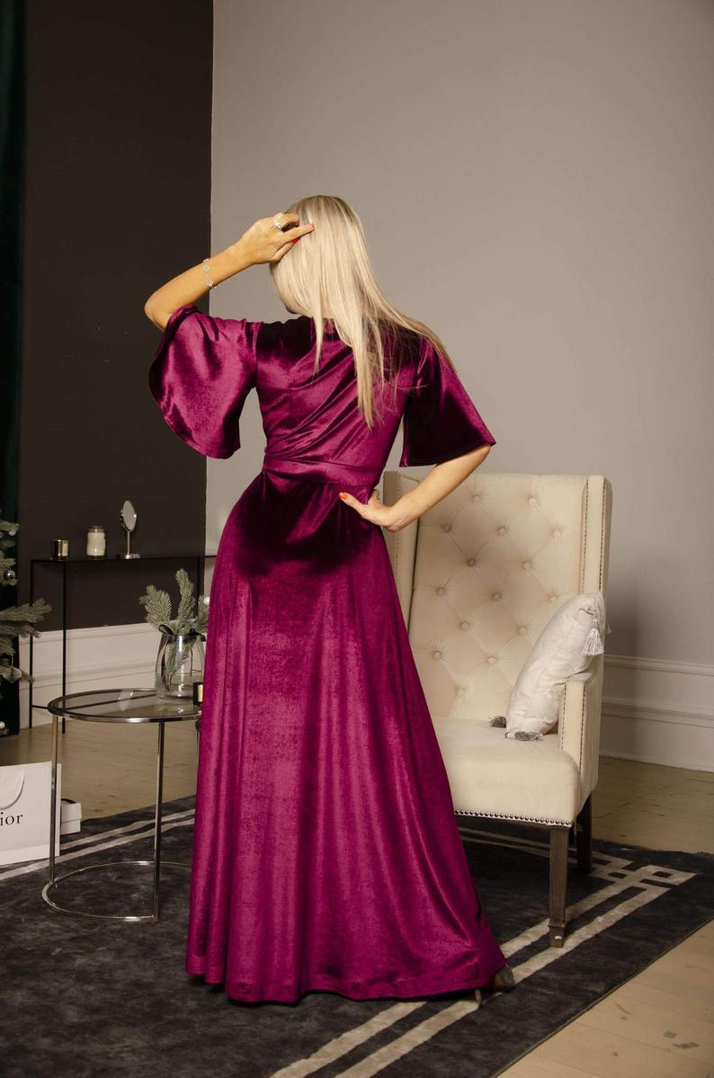 Washable Velvet Long Dress With Flutter Long Sleeves Bridesmaid Wrap Maxi Dress Manufacturer