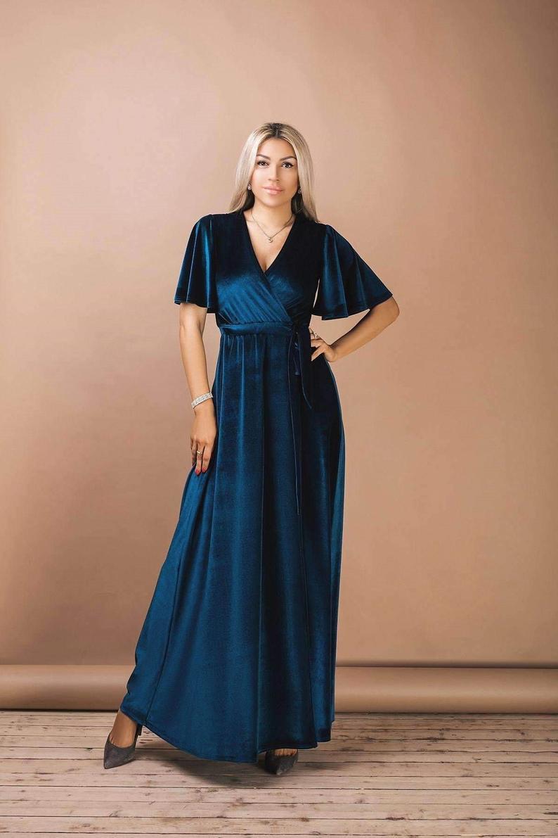 Washable Velvet Long Dress With Flutter Long Sleeves Bridesmaid Wrap Maxi Dress Manufacturer