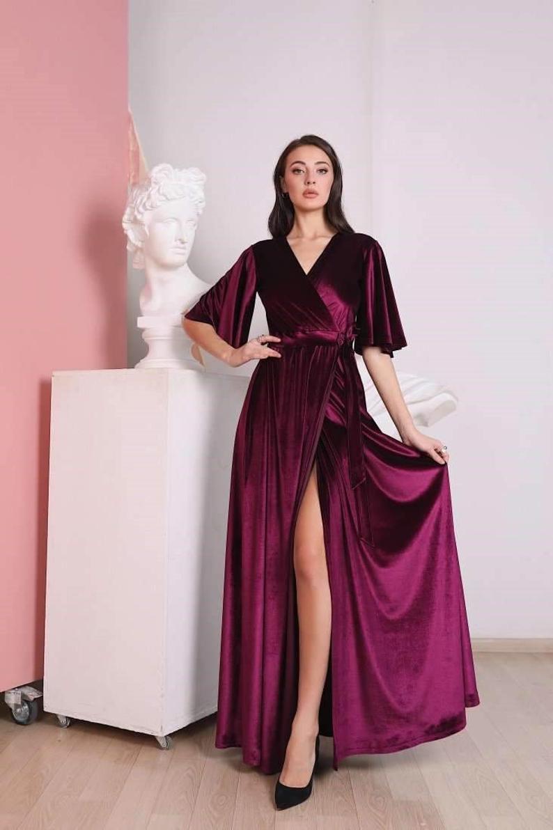 Washable Velvet Long Dress With Flutter Long Sleeves Bridesmaid Wrap Maxi Dress Manufacturer