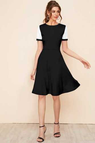 Ladies Western Dress - Knitting Fabric, Sizes S(34) to XL(40), Black Color, Cap Sleeves, Length 37-38 Inches, Printed Pattern, Short Sleeve Style