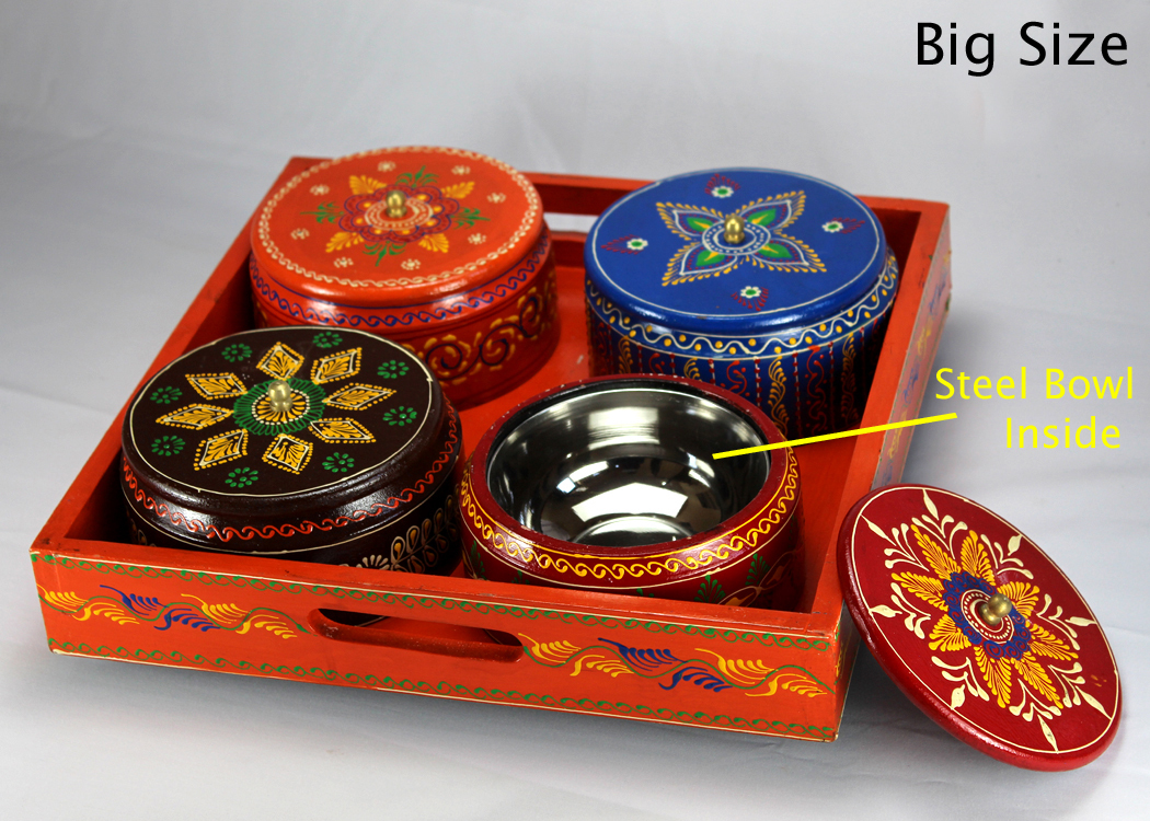 Wooden Handicraft Tray With 4 Bowls
