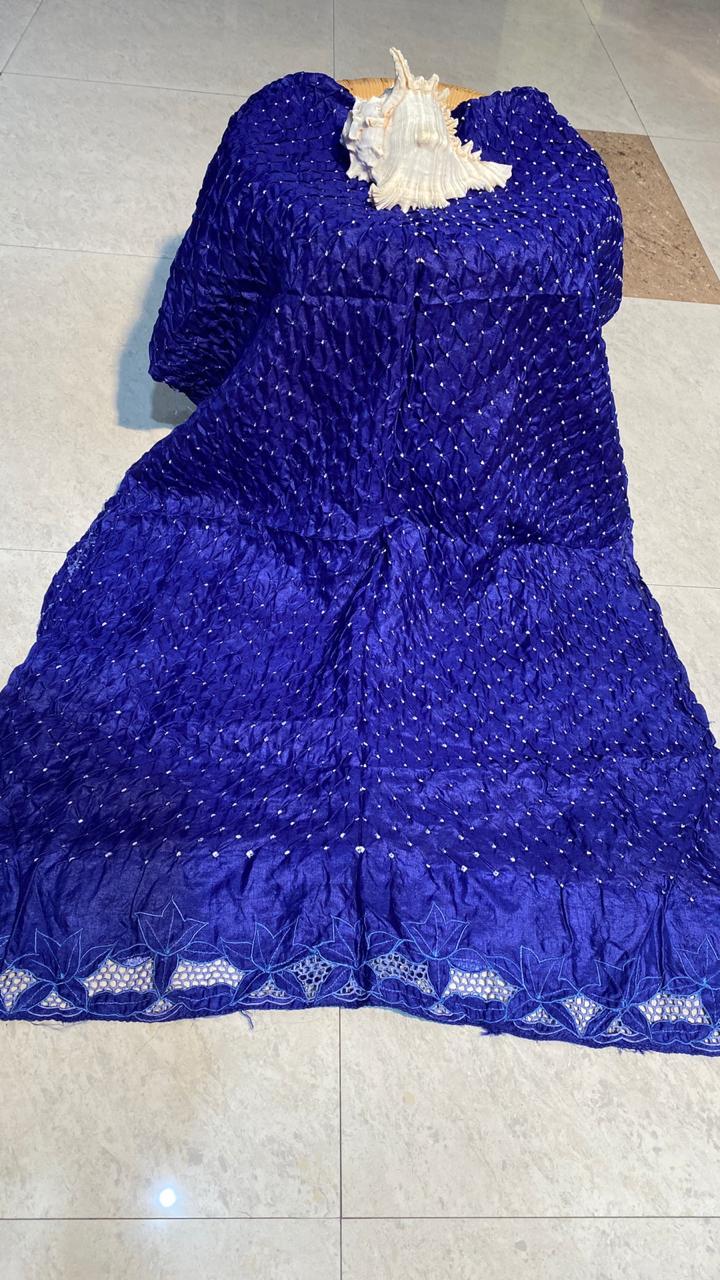 Pure Tussar Silk Bandhni Long 2.5 Mtrs Dupatta With Cut Work - Silk, 2.5 Mtrs Length, Blue Color | All Season Wear, Traditional Ethnic Pattern