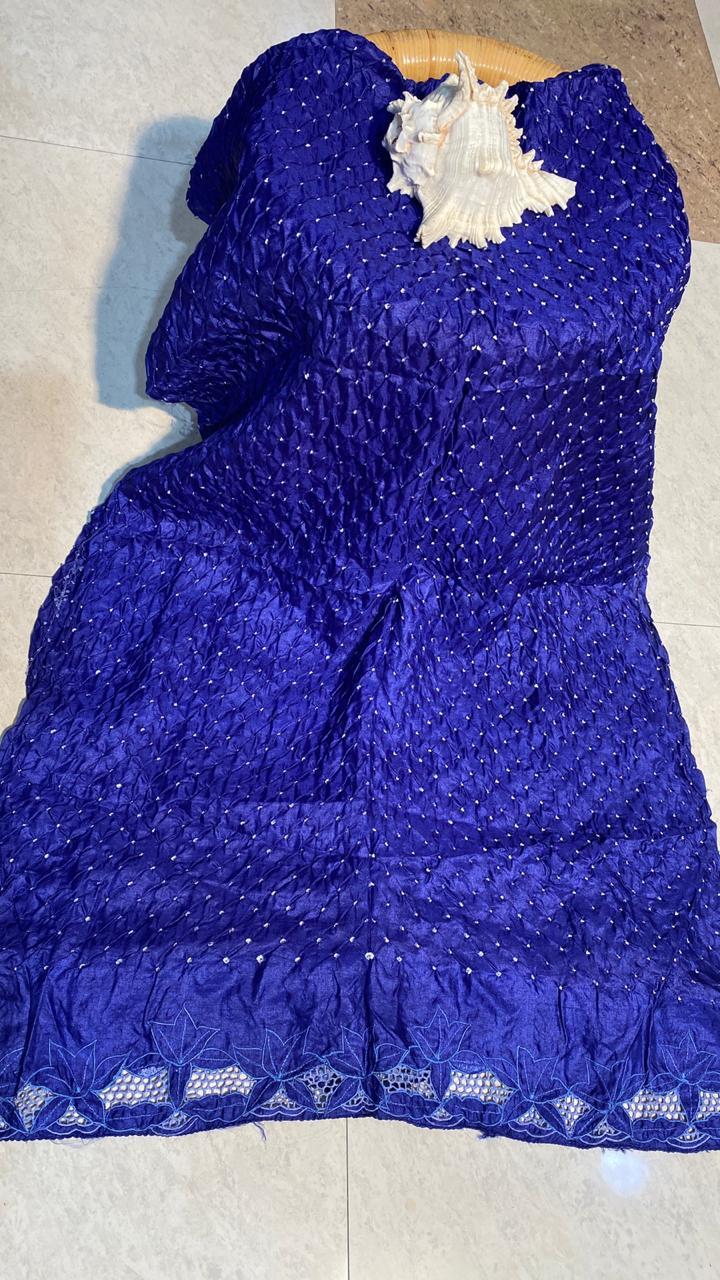 Pure Tussar Silk Bandhni Long 2.5 Mtrs Dupatta With Cut Work - Silk, 2.5 Mtrs Length, Blue Color | All Season Wear, Traditional Ethnic Pattern