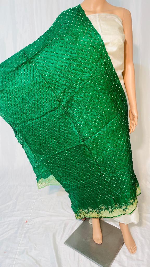Pure Tussar Silk Bandhni Long 2.5 Mtrs Dupatta With Cut Work - 2.5 Mtrs, Green, Traditional Ethnic Wear | All-season Versatility, Plain Pattern Design