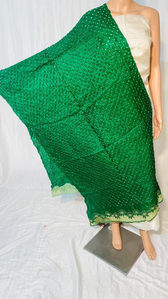 Pure Tussar Silk Bandhni Long 2.5 Mtrs Dupatta With Cut Work - 2.5 Mtrs, Green, Traditional Ethnic Wear | All-season Versatility, Plain Pattern Design