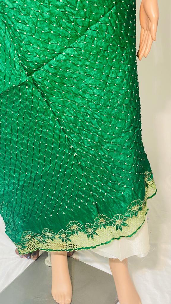 Pure Tussar Silk Bandhni Long 2.5 Mtrs Dupatta With Cut Work - 2.5 Mtrs, Green, Traditional Ethnic Wear | All-season Versatility, Plain Pattern Design