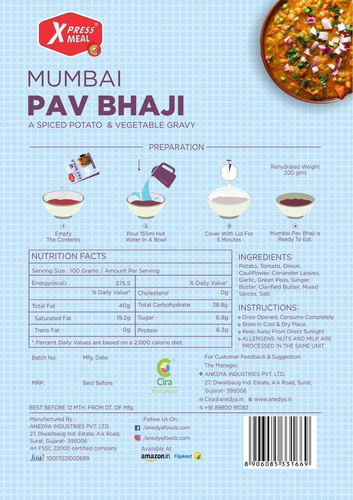Ready To Eat Pav Bhaji - Frozen Freeze-dried Spicy Delight | Gift Packaged, Freshly Ground Whole Spices & Clean Vegetables