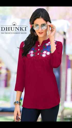 Dhunki Designer Tops - Rayon 14 Kg, M(38) & XL(42) Sizes, 25-26 Inch Length | 3/4 Sleeves, 4 Color Options, Sequin Closure, Printed Pattern