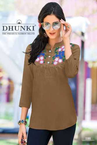 Dhunki Designer Ladies Tops - Rayon 14 Kg, M(38) & XL(42) Sizes, 25-26 Inch Length, 3/4 Sleeves, Available in 4 Colors