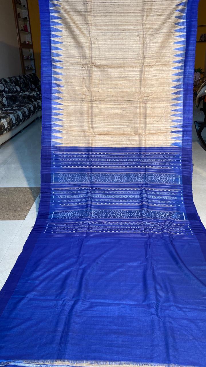 Pure Gheecha Tussar Silk Handloom Saree , Double Sided Temple Border , Ikkat Woven Pallu - Silk Marked , Contrast Blouse | Perfect For Party Wear , Suitable For All Seasons