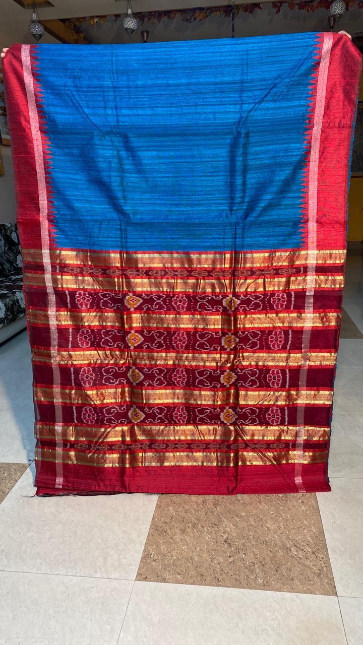 Pure Gheecha Tussar Silk Handloom Saree , Double Sided Temple Border , Ikkat Woven Pallu - Silk Marked , Contrast Blouse | Perfect For Party Wear , Suitable For All Seasons