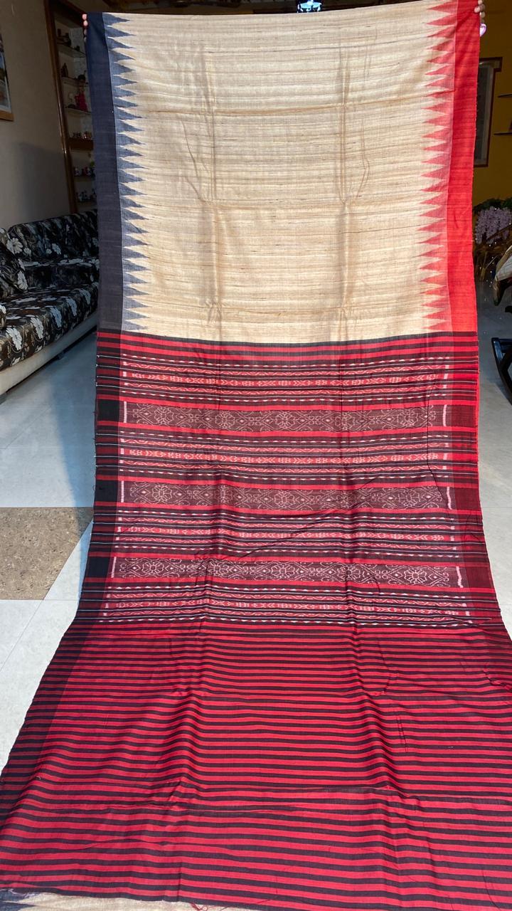 Pure Gheecha Tussar Silk Handloom Saree , Double Sided Temple Border , Ikkat Woven Pallu - Silk Marked , Contrast Blouse | Perfect For Party Wear , Suitable For All Seasons