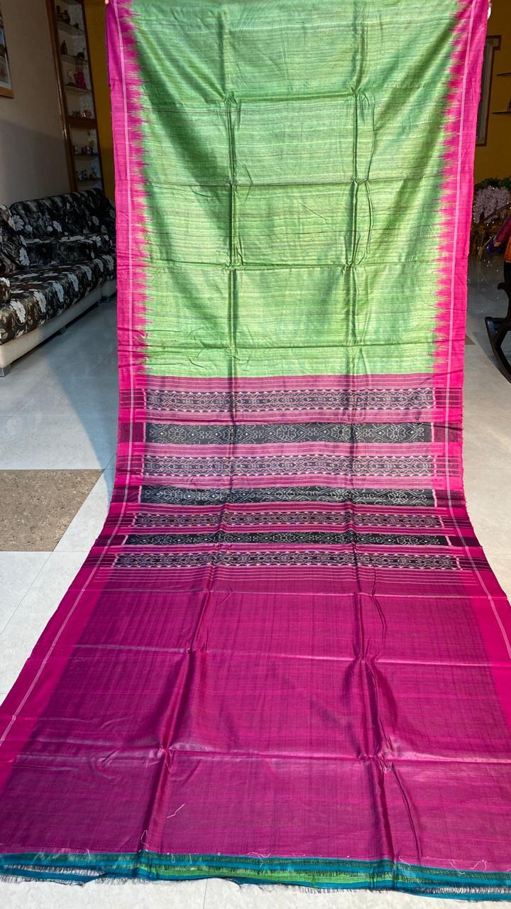 Pure Gheecha Tussar Silk Handloom Saree , Double Sided Temple Border , Ikkat Woven Pallu - Silk Marked , Contrast Blouse | Perfect For Party Wear , Suitable For All Seasons