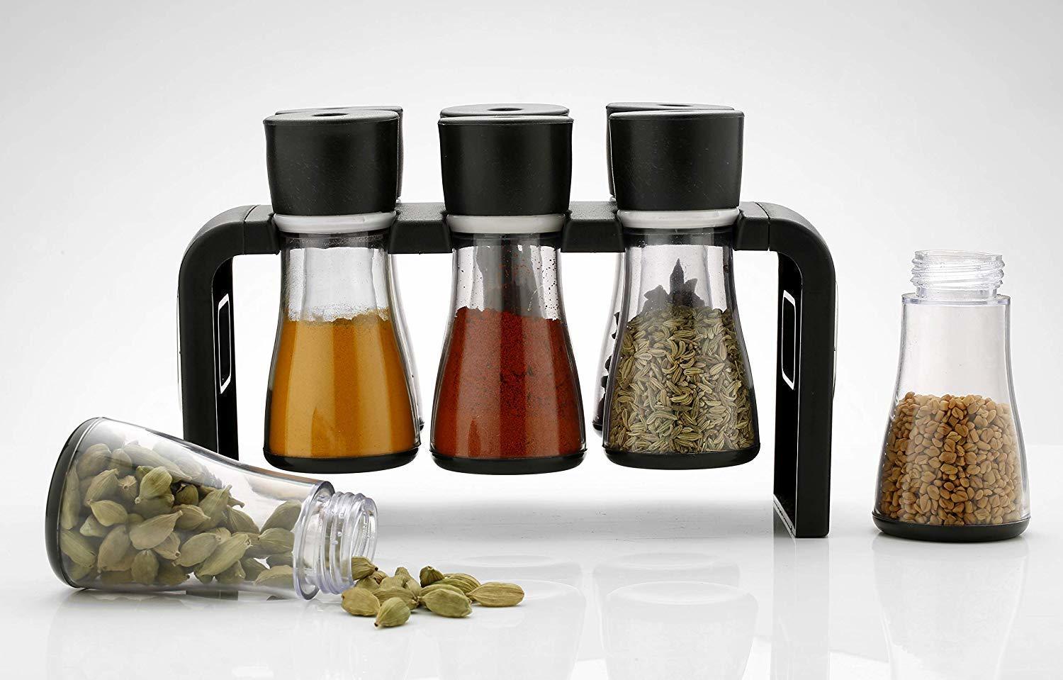 Deluxe Spice Rack - Abs Plastic & Pet Jars, 6 Clear Containers With Chrome Tops, Ideal For Dinning Table, Smooth Rotation Design For Easy Access