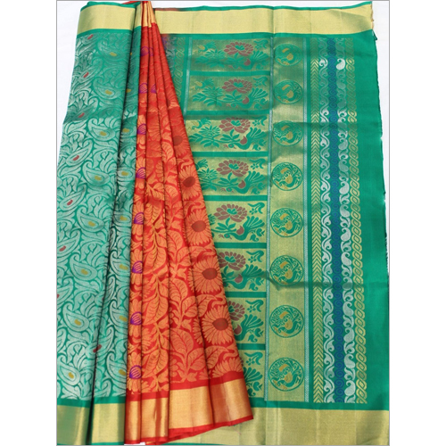 सिल्क ऑरेंज ग्रीन आंशिक रूप से जरी ऑल सेल्फ साड़ी