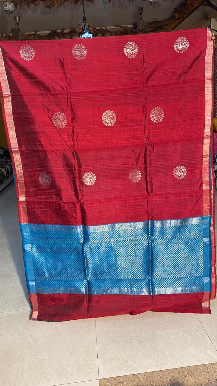 Pure Dupion Raw Silk Handloom Saree With All Over Box Woven Jari Woven Pallu - Silk Material Contrast Blouse Perfect For Party Wear Suitable For All Seasons