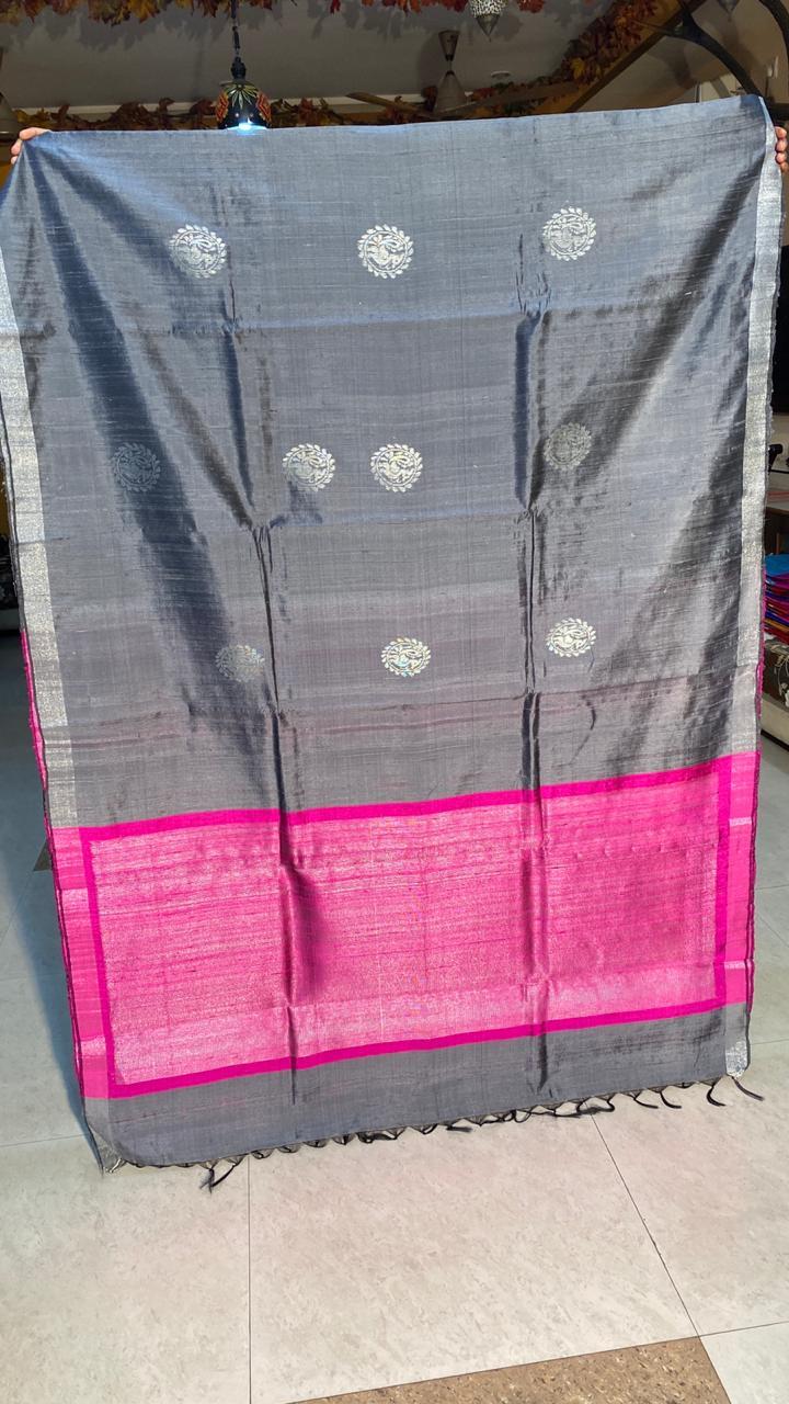 Pure Dupion Raw Silk Handloom Saree With All Over Box Woven Jari Woven Pallu - Silk Material Contrast Blouse Perfect For Party Wear Suitable For All Seasons