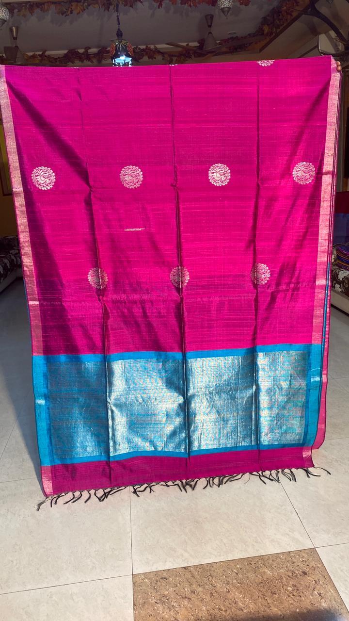 Pure Dupion Raw Silk Handloom Saree With All Over Box Woven Jari Woven Pallu - Silk Material Contrast Blouse Perfect For Party Wear Suitable For All Seasons