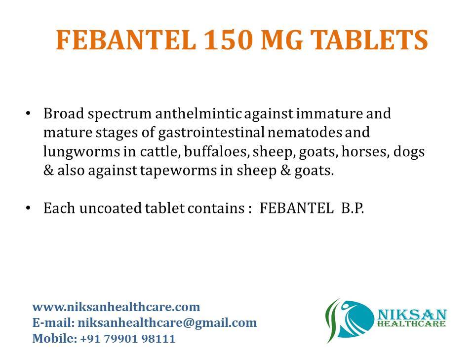 Febantel 150 Mg Tablets - General Medicines | Dosage Guidelines: Two Times Per Day With Milk Or Water, Storage Instructions: Store In Cool And Dry Place, Recommended For Gastrointestinal Nematodes And Lungworms