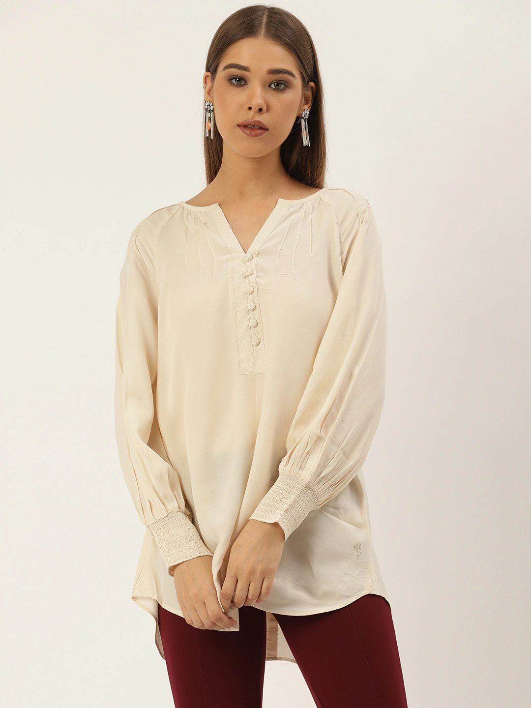 Women Tunic Top - Viscose Rayon, Length 762mm, Three-quarter Sleeves, Solid Beige, Peach, Navy Blue, Yellow, Red | Casual Daily Wear, Machine Washable, Size L To Xxxl
