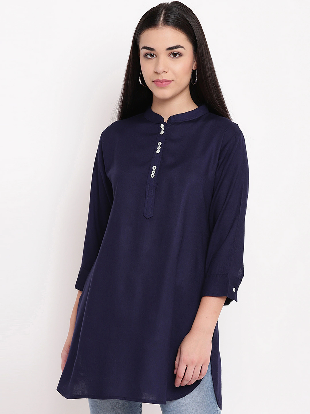 Women Tunic Top - Viscose Rayon, Length 762mm, Three-quarter Sleeves, Solid Beige, Peach, Navy Blue, Yellow, Red | Casual Daily Wear, Machine Washable, Size L To Xxxl