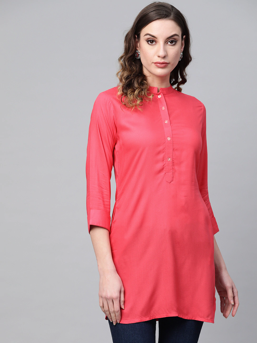 Women Tunic Top - Viscose Rayon, Length 762mm, Three-quarter Sleeves, Solid Beige, Peach, Navy Blue, Yellow, Red | Casual Daily Wear, Machine Washable, Size L To Xxxl