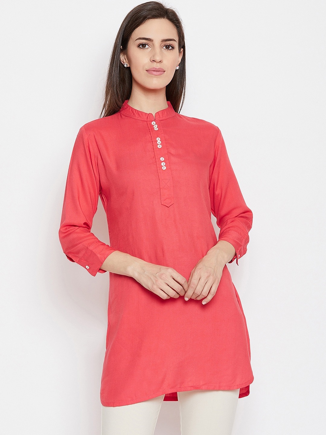 Women Tunic Top - Viscose Rayon, Length 762mm, Three-quarter Sleeves, Solid Beige, Peach, Navy Blue, Yellow, Red | Casual Daily Wear, Machine Washable, Size L To Xxxl