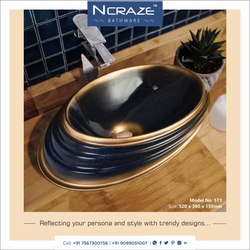 Black Ship Type Wash Basin - Ceramic, 520x380x150mm | Glossy Finish, Easy To Clean, Deck Mounted Design, Multi Colours Available