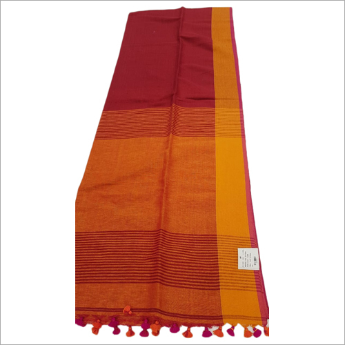 Ladies Khadi Handloom Saree - Cotton Fabric, Dark Red Color with Thread Tassel Details | Casual Wear for All Seasons