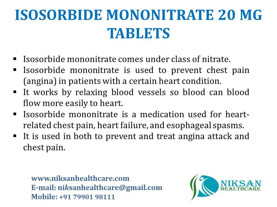 Isosorbide Mononitrate 20 Mg Tablets General Medicines