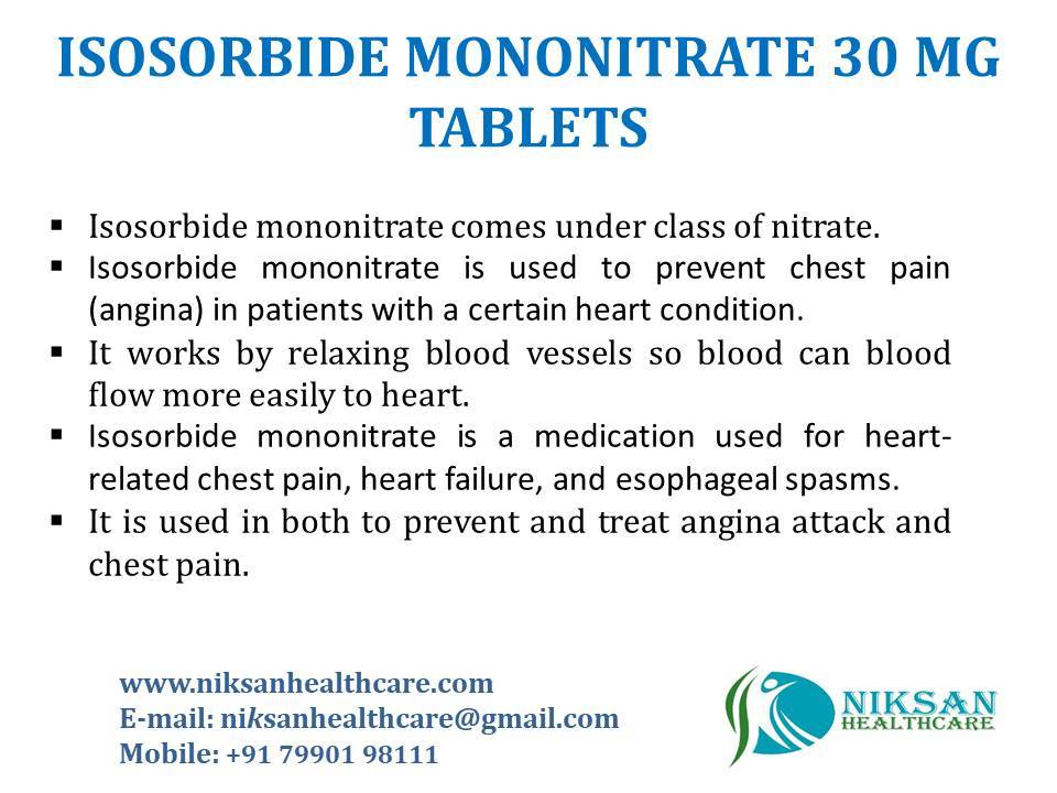 Isosorbide Mononitrate 30 Mg Tablets General Medicines