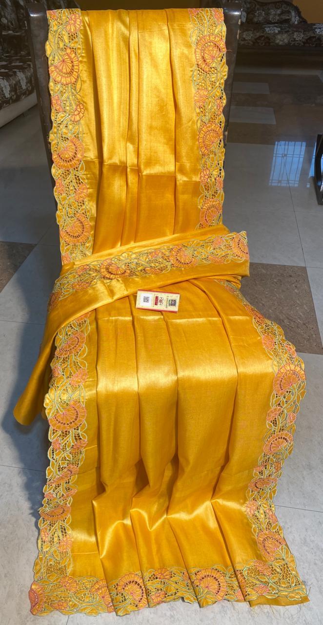 Tussar Silk Cut Work Saree With Blouse - Pure Tussar Silk, Elegant Plain Design | Perfect For Parties, Suitable In All Seasons