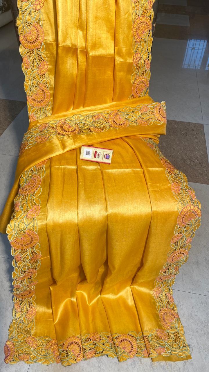 Tussar Silk Cut Work Saree With Blouse - Pure Tussar Silk, Elegant Plain Design | Perfect For Parties, Suitable In All Seasons