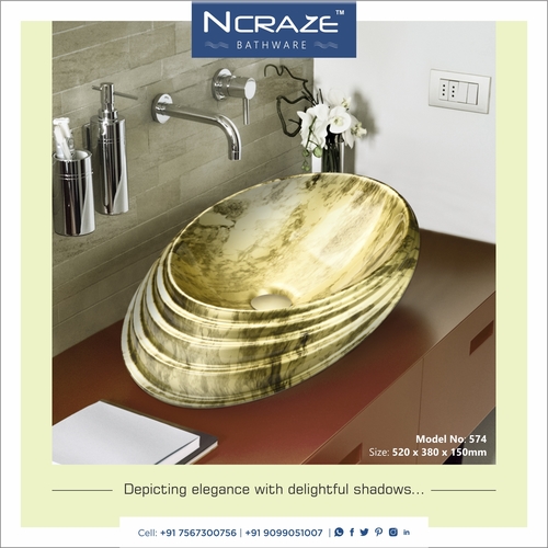 Ship Shape Art Basin - Ceramic Material, 520x380x150mm | Multi-Coloured, Glossy Finish, Deck Mounted, Easy to Clean