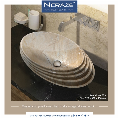 Ship Shape Cream Wash Basin - Ceramic, 520x380x150mm | High Glossy Finish, Smooth and Easy to Clean, Decorative Design